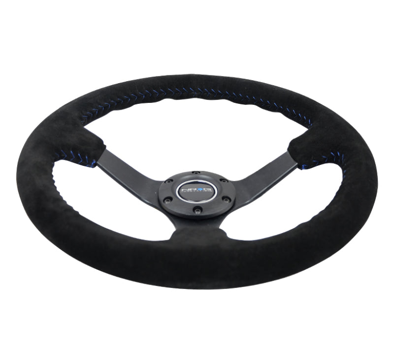 Load image into Gallery viewer, NRG Reinforced Steering Wheel (350mm / 3in. Deep) Blk Suede/Blue BBall Stitch w/5mm Matte Blk Spokes
