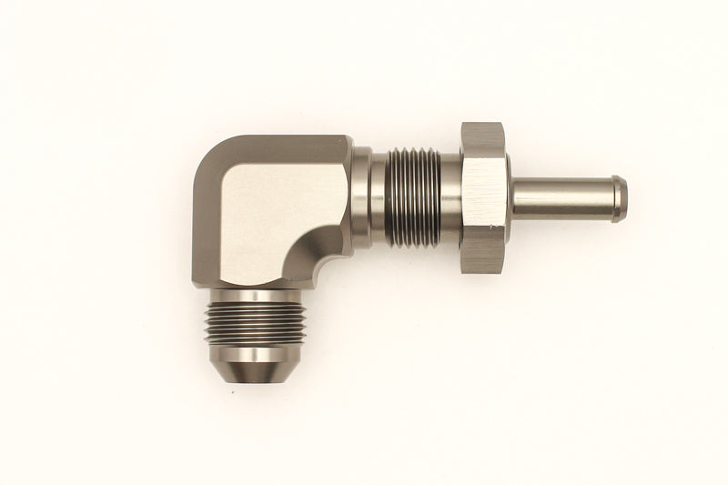 Load image into Gallery viewer, DeatschWerks 8AN Male Flare To 5/16in. Male Barb Bulkhead Adapter 90-Degree (Incl. Nut)
