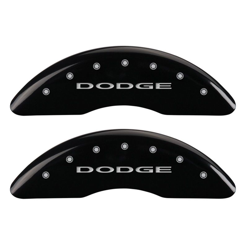 Load image into Gallery viewer, MGP 4 Caliper Covers Engraved Front &amp; Rear With out stripes/Dodge Black finish silver ch
