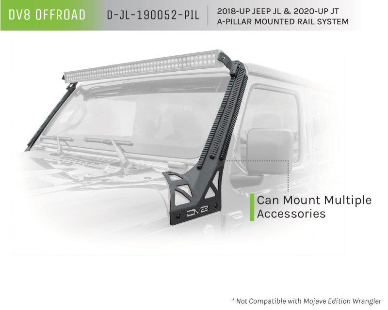 Load image into Gallery viewer, DV8 Offroad 2018+ JL/Gladiator Picatinny Rail A-Pillar Pod LED Light Mount
