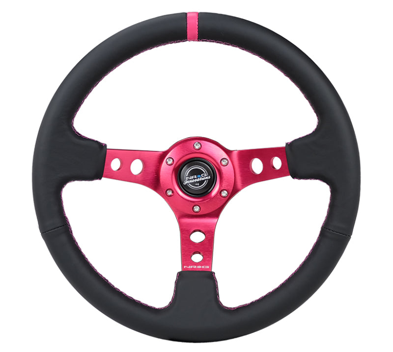 Load image into Gallery viewer, NRG Reinforced Steering Wheel (350mm/3in. Deep) Black Leather/ Fushia Center Mark/ Fushia Stitching
