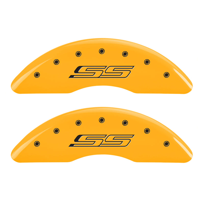 Load image into Gallery viewer, MGP 4 Caliper Covers Engraved Front &amp; Rear Gen 5/SS Yellow finish black ch
