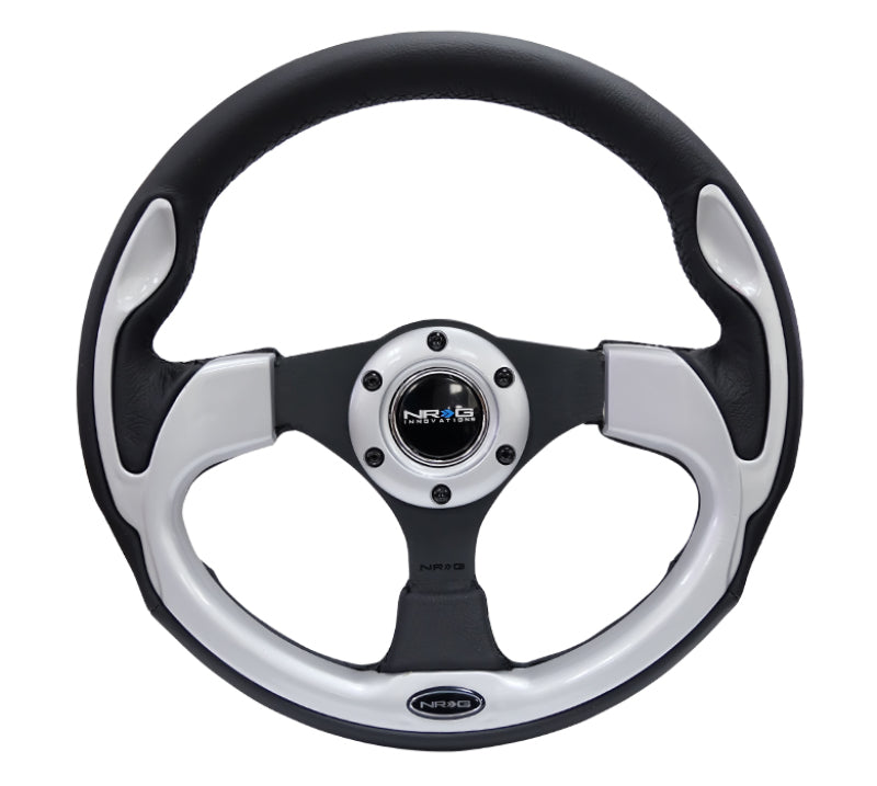 Load image into Gallery viewer, NRG Reinforced Steering Wheel (320mm) Blk w/Silver Trim &amp; 5mm 3-Spoke
