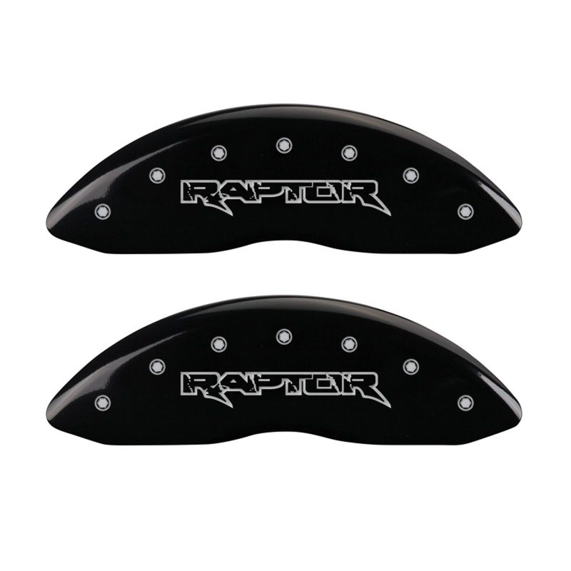 Load image into Gallery viewer, MGP 4 Caliper Covers Engraved Front &amp; Rear Raptor Black finish silver ch
