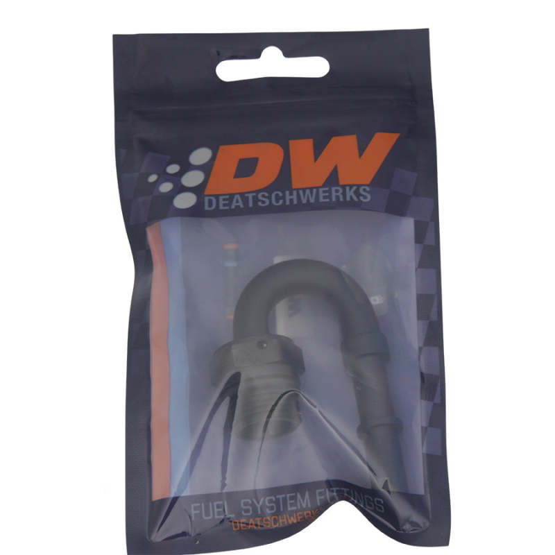 Load image into Gallery viewer, DeatschWerks 8AN ORB Male to 3/8in Male EFI Quick Connect Adapter 180-Degree - Anodized Matte Black
