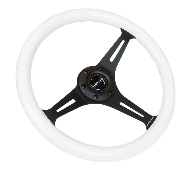 Load image into Gallery viewer, NRG Classic Wood Grain Steering Wheel (350mm) Glow-In-The-Dark Blue Grip w/Black 3-Spoke Center
