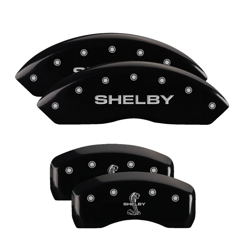 Load image into Gallery viewer, MGP 4 Caliper Covers Engraved Front Shelby Engraved Rear Tiffany Snake Black finish silver ch
