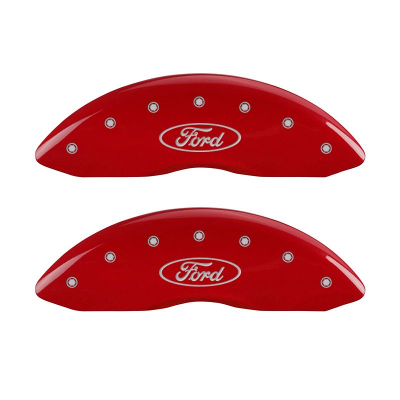 Load image into Gallery viewer, MGP Front set 2 Caliper Covers Engraved Front Oval logo/Ford Red finish silver ch
