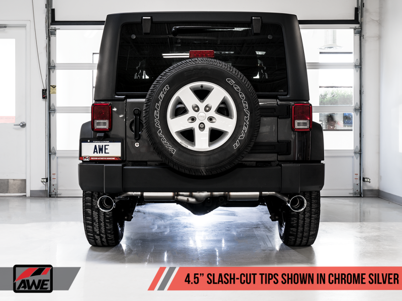 Load image into Gallery viewer, AWE Tuning 07-18 Jeep Wrangler JK/JKU 3.6L Tread Edition Axle-Back Dual Exhaust - Chrome Silver Tips
