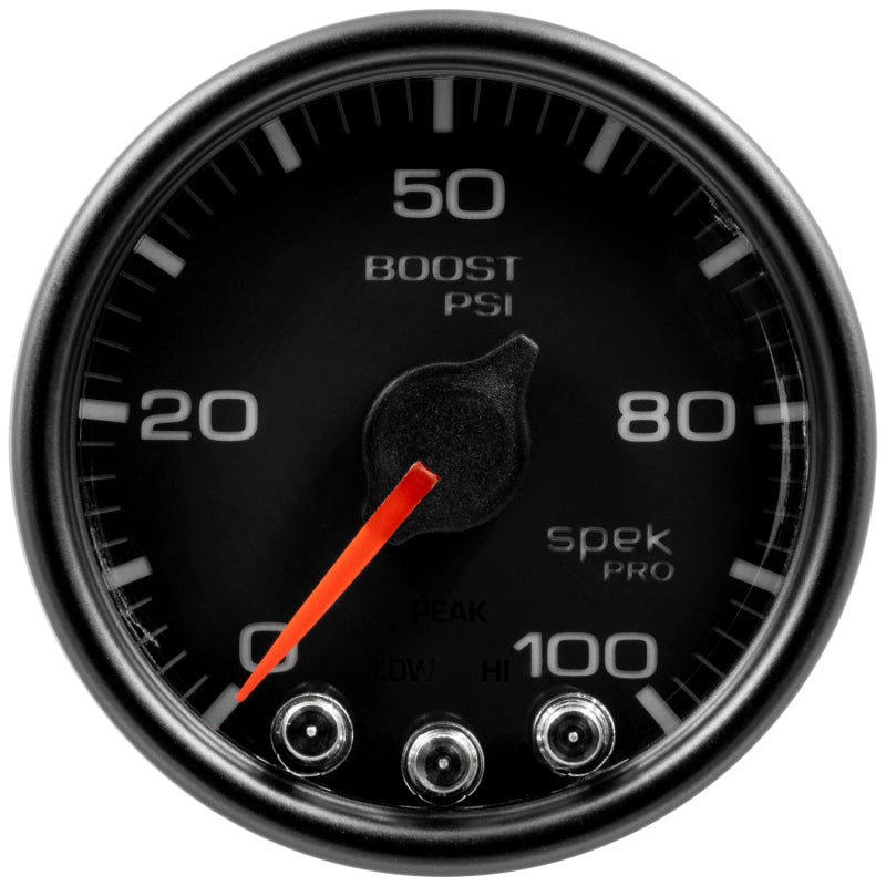 Load image into Gallery viewer, Autometer Spek-Pro Gauge Boost 2 1/16in 100psi Stepper Motor W/Peak &amp; Warn Blk/Blk
