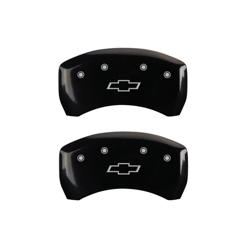 Load image into Gallery viewer, MGP 4 Caliper Covers Engraved Front &amp; Rear Bowtie Black finish silver ch
