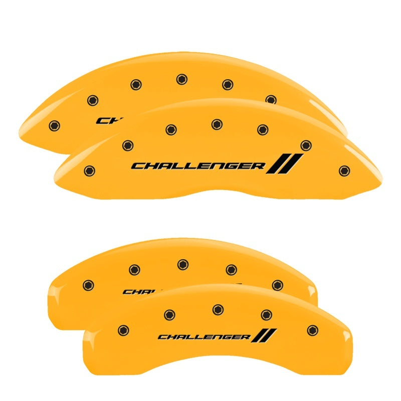 Load image into Gallery viewer, MGP 4 Caliper Covers Engraved Front &amp; Rear With stripes/Challenger Yellow finish black ch

