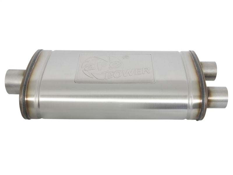 Load image into Gallery viewer, aFe MACHForce XP SS Muffler 3in Center Inlet / 2.5in Dual Outlets 22in L x 11in W x 6in H Body
