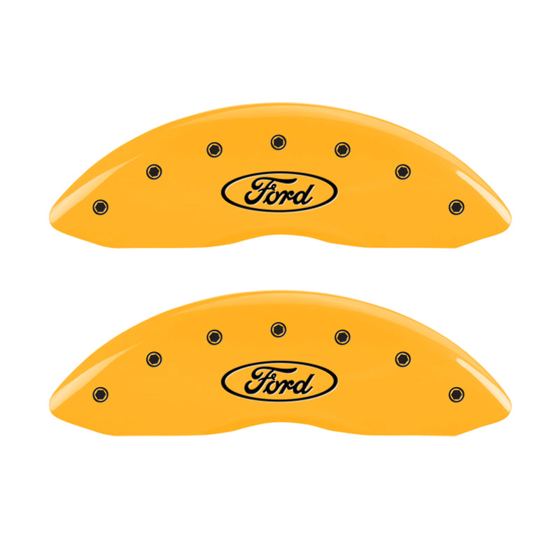 Load image into Gallery viewer, MGP 4 Caliper Covers Engraved Front &amp; Rear Oval Logo/Ford Yellow Finish Black Char 2011 Ford F-150
