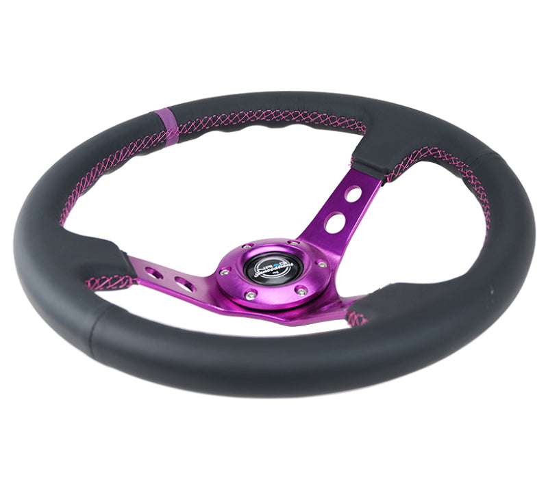 Load image into Gallery viewer, NRG Reinforced Steering Wheel (350mm / 3in. Deep) Black Leather w/Purple Center &amp; Purple Stitching
