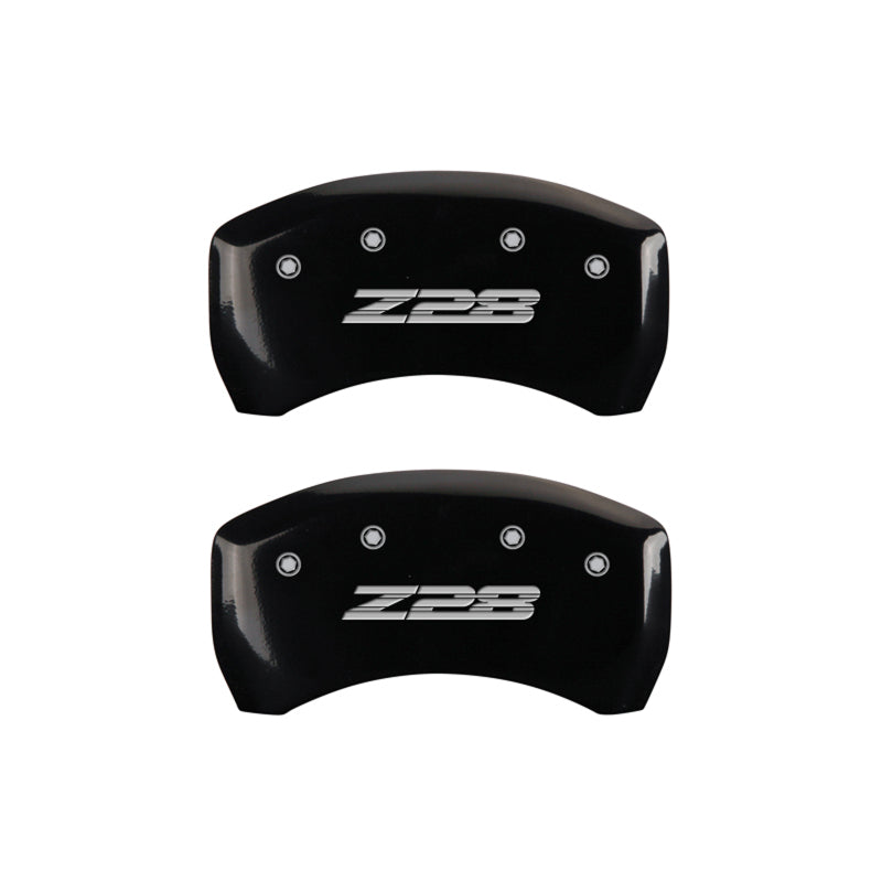 Load image into Gallery viewer, MGP 4 Caliper Covers Engraved Front Gen 4/Camaro Engraved Rear Gen 4/Z28 Black finish silver ch
