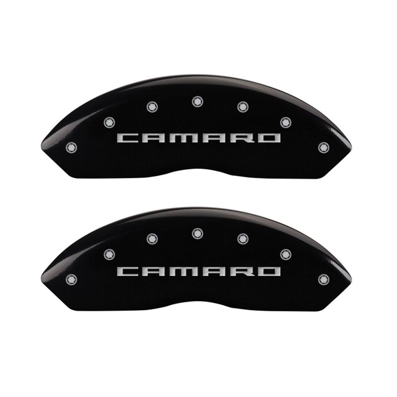 Load image into Gallery viewer, MGP 4 Caliper Covers Engraved Front Gen 5/Camaro Engraved Rear Gen 5/RS Black finish silver ch
