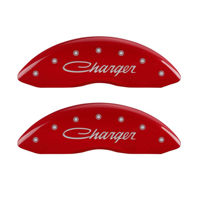 Load image into Gallery viewer, MGP 4 Caliper Covers Engraved Front &amp; Rear Cursive/Charger Red finish silver ch
