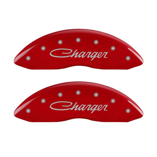 MGP 4 Caliper Covers Engraved Front & Rear Cursive/Charger Red finish silver ch