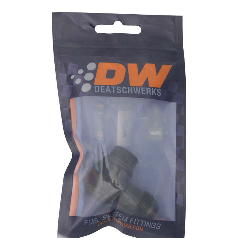 Load image into Gallery viewer, DeatschWerks 8AN ORB Male to 8AN Male Flare Low Profile 90-Degree Swivel - Anodized Matte Black
