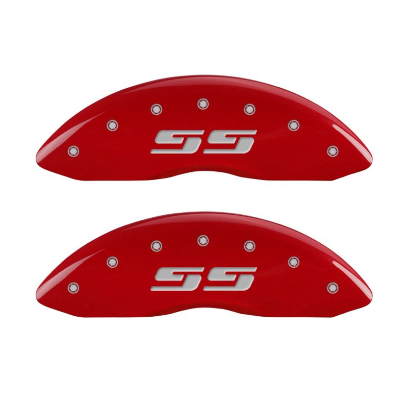 Load image into Gallery viewer, MGP 4 Caliper Covers Engraved Front &amp; Rear Silverado style/SS Red finish silver ch
