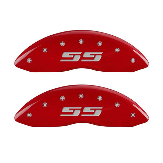 MGP 4 Caliper Covers Engraved Front & Rear Silverado style/SS Red finish silver ch