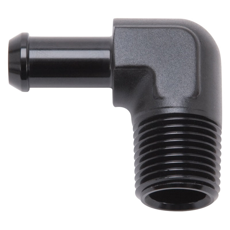 Load image into Gallery viewer, Edelbrock Hose End 90-Deg 1/2In NPT to 3/8In Barb Black Anodize
