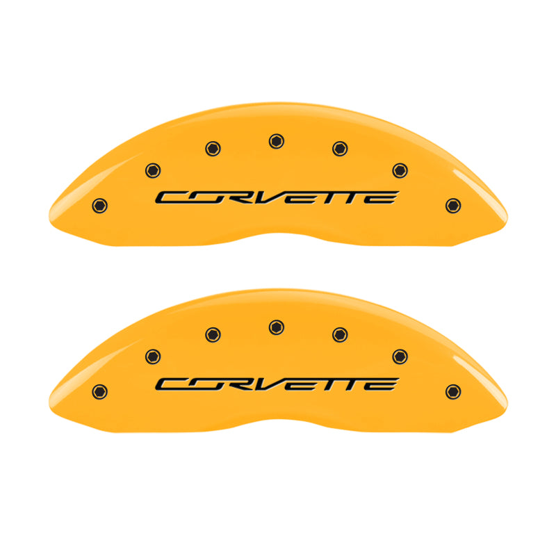 Load image into Gallery viewer, MGP 4 Caliper Covers Engraved Front &amp; Rear C7/Corvette Yellow finish black ch
