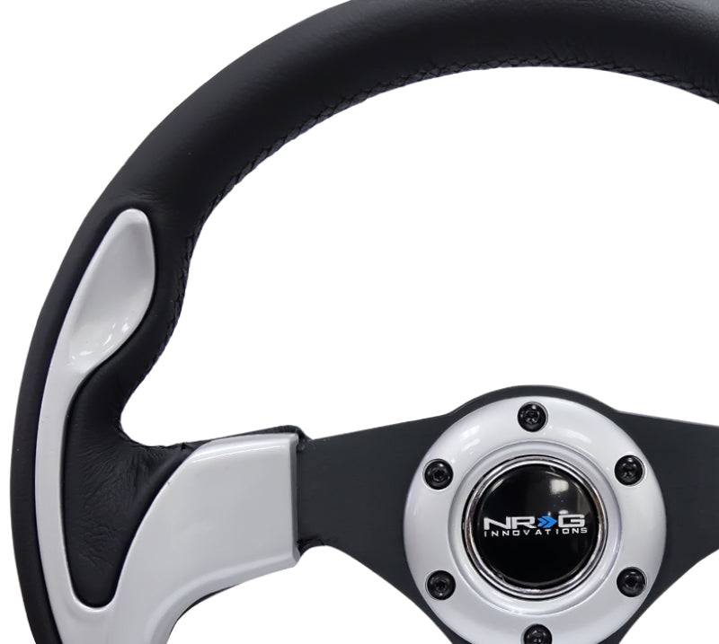 Load image into Gallery viewer, NRG Reinforced Steering Wheel (320mm) Blk w/Silver Trim &amp; 5mm 3-Spoke
