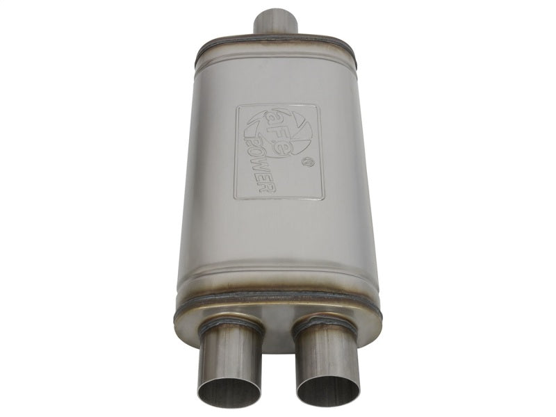 Load image into Gallery viewer, aFe MACHForce XP SS Muffler 2.5in Center Inlet / 2.5in Dual Outlets 18in L x 9in W x 4in H Body
