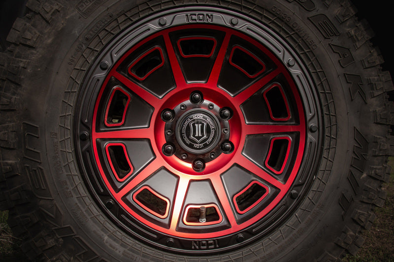 Load image into Gallery viewer, ICON Victory 17x8.5 6x135 6mm Offset 5in BS Satin Black w/Red Tint Wheel
