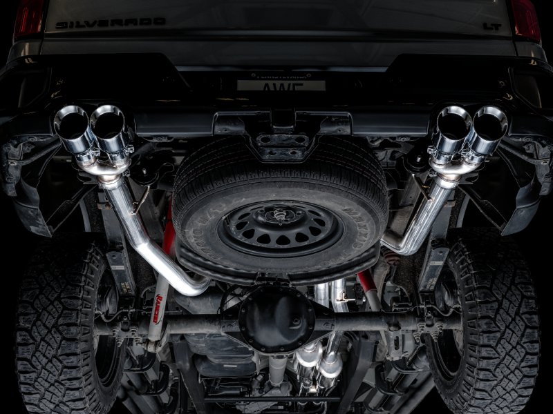 Load image into Gallery viewer, AWE Tuning 4th Gen GM 1500 6.2L 0FG Cat-Back Split Rear Exit (w/ Bumper Cutouts) - Quad Chrome Tips
