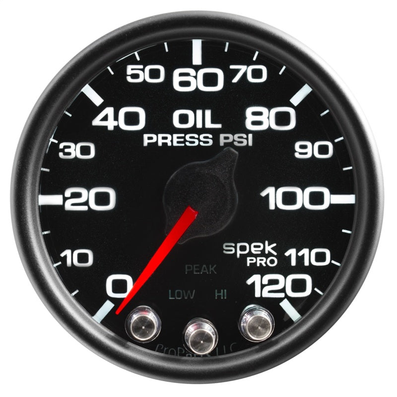 Load image into Gallery viewer, Autometer Spek-Pro Gauge Oil Press 2 1/16in 120psi Stepper Motor W/Peak &amp; Warn Blk/Blk
