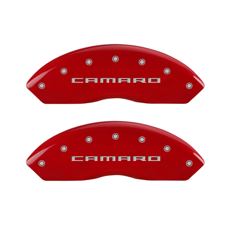 Load image into Gallery viewer, MGP 4 Caliper Covers Engraved Front &amp; Rear Gen 5/Camaro Red finish silver ch
