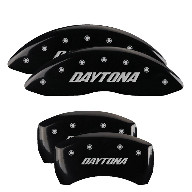 Load image into Gallery viewer, MGP 4 Caliper Covers Engraved Front &amp; Rear Daytona Black finish silver ch
