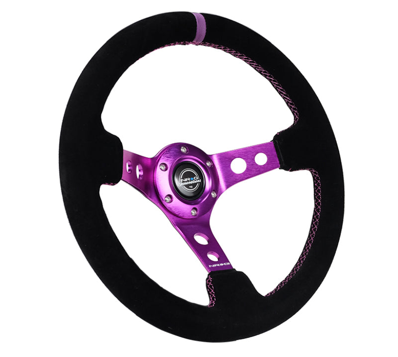 Load image into Gallery viewer, NRG Reinforced Steering Wheel (350mm / 3in. Deep) Black Suede w/Purple Center &amp; Purple Stitching

