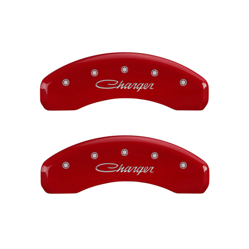 Load image into Gallery viewer, MGP 4 Caliper Covers Engraved Front &amp; Rear Cursive/Charger Red finish silver ch
