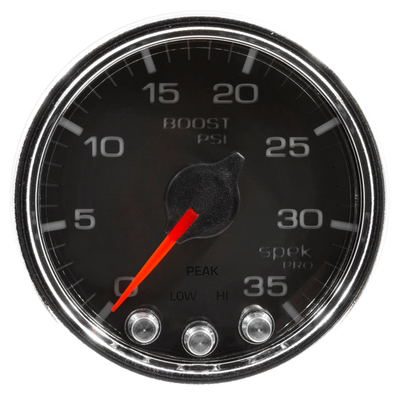 Load image into Gallery viewer, Autometer Spek-Pro Gauge Boost 2 1/16in 35psi Stepper Motor W/Peak &amp; Warn Black/Chrome
