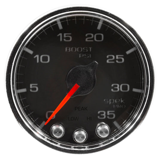 Autometer Spek-Pro Gauge Boost 2 1/16in 35psi Stepper Motor W/Peak & Warn Black/Chrome