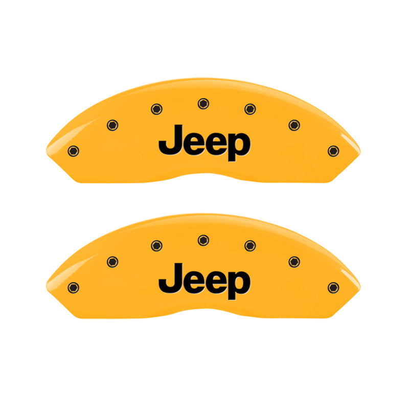 Load image into Gallery viewer, MGP 4 Caliper Covers Engraved Front &amp; Rear JEEP Yellow finish black ch
