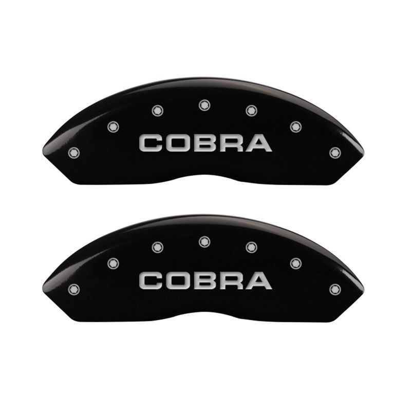 Load image into Gallery viewer, MGP 4 Caliper Covers Engraved Front Cobra Engraved Rear Snake Black finish silver ch
