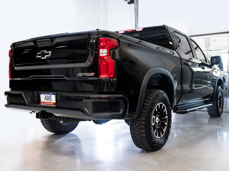 Load image into Gallery viewer, AWE Tuning 22-23 GMC Sierra 1500 AT4X 6.2L 0FG Catback Split Dual (Flat Bumper) - Bashguard(No Tips)
