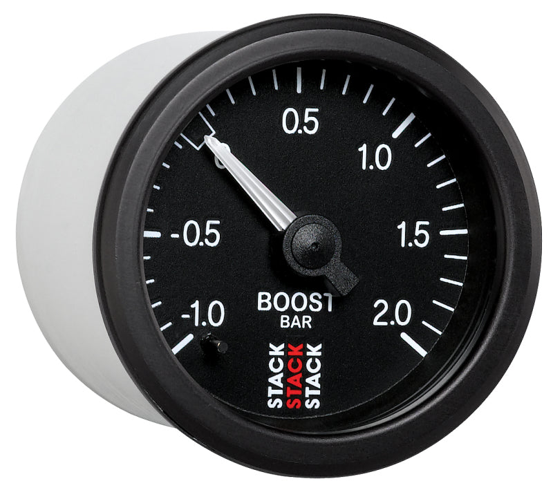 Load image into Gallery viewer, Autometer Stack 52mm -1 to +2 Bar T-Fitting 0.187in Barb (M) Mechanical Boost Pressure Gauge - Black
