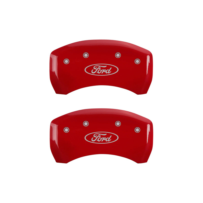 Load image into Gallery viewer, MGP 4 Caliper Covers Engraved Front &amp; Rear Oval logo/Ford Red finish silver ch
