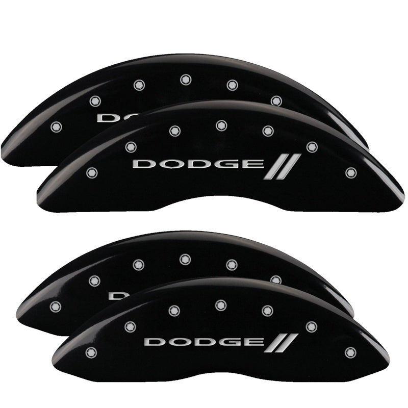 Load image into Gallery viewer, MGP 4 Caliper Covers Engraved Front &amp; Rear With stripes/Dodge Black finish silver ch
