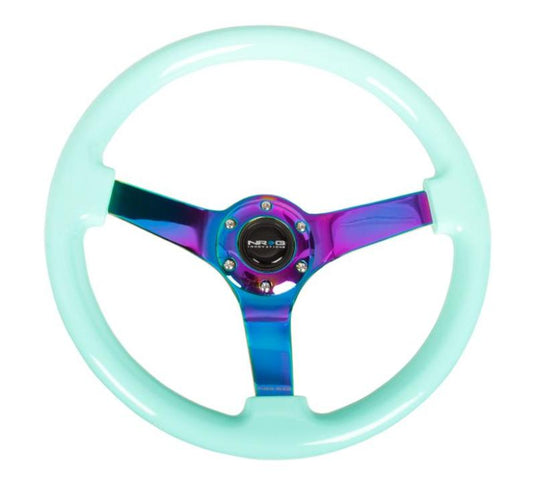 NRG Reinforced Steering Wheel (350mm / 3in. Deep) Minty Fresh Wood Grain w/Neochrome 3-Spoke Center