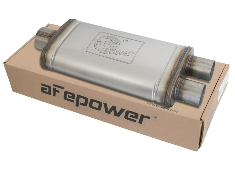 Load image into Gallery viewer, aFe MACHForce XP SS Muffler 3in Center Inlet / 2.5in Dual Outlets 18in L x 9in W x4in H Body

