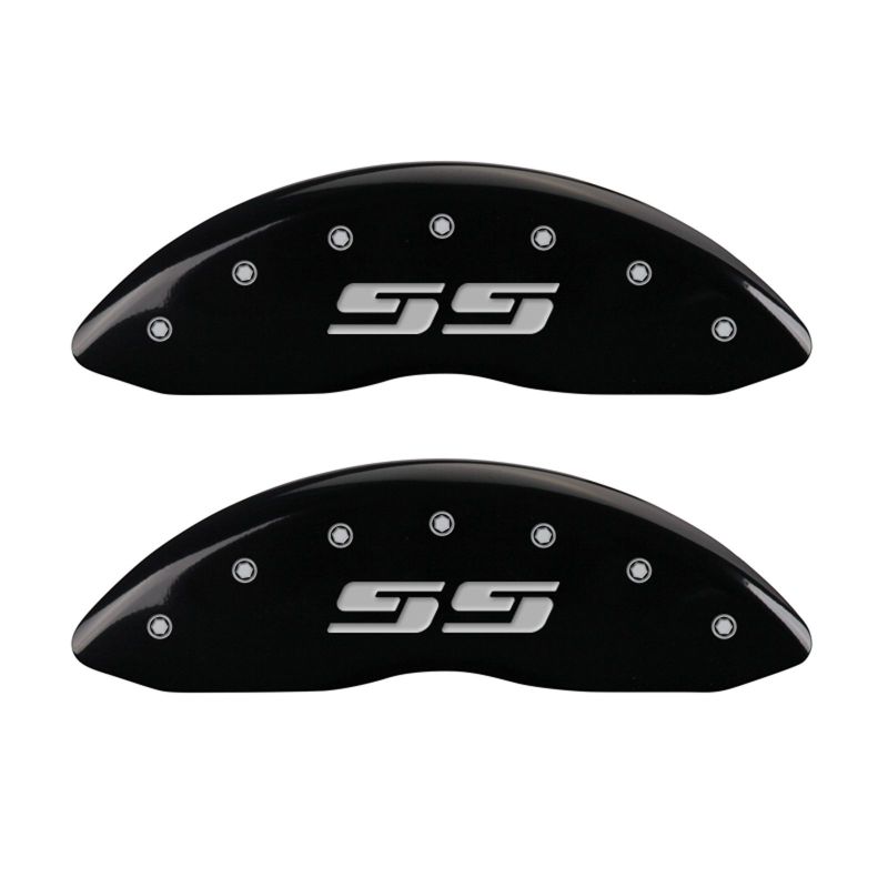 Load image into Gallery viewer, MGP Front set 2 Caliper Covers Engraved Front Silverado style/SS Black finish silver ch
