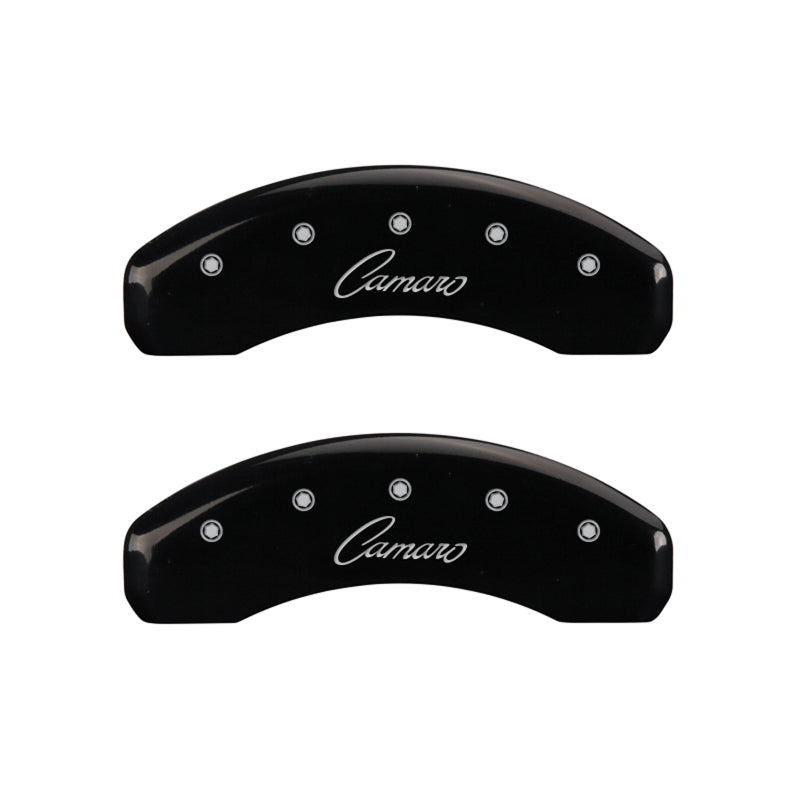 Load image into Gallery viewer, MGP 4 Caliper Covers Engraved Front &amp; Rear Cursive/Camaro Black finish silver ch
