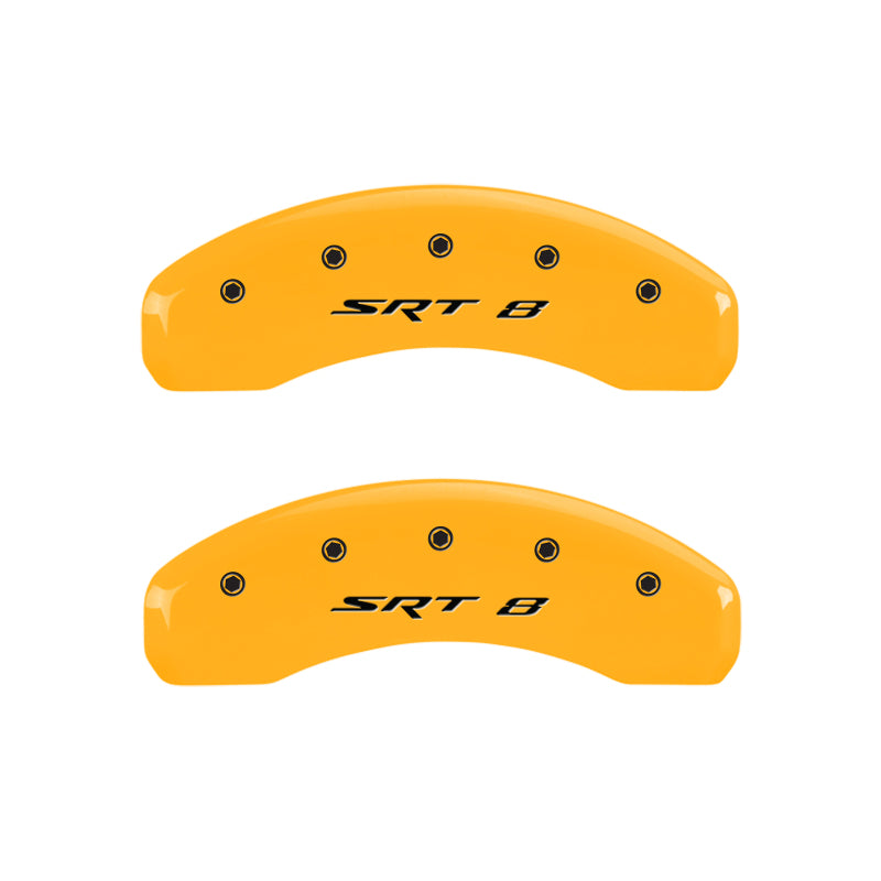 Load image into Gallery viewer, MGP 4 Caliper Covers Engraved Front &amp; Rear Srt8 Yellow Finish Black Char 2006 Jeep Commander
